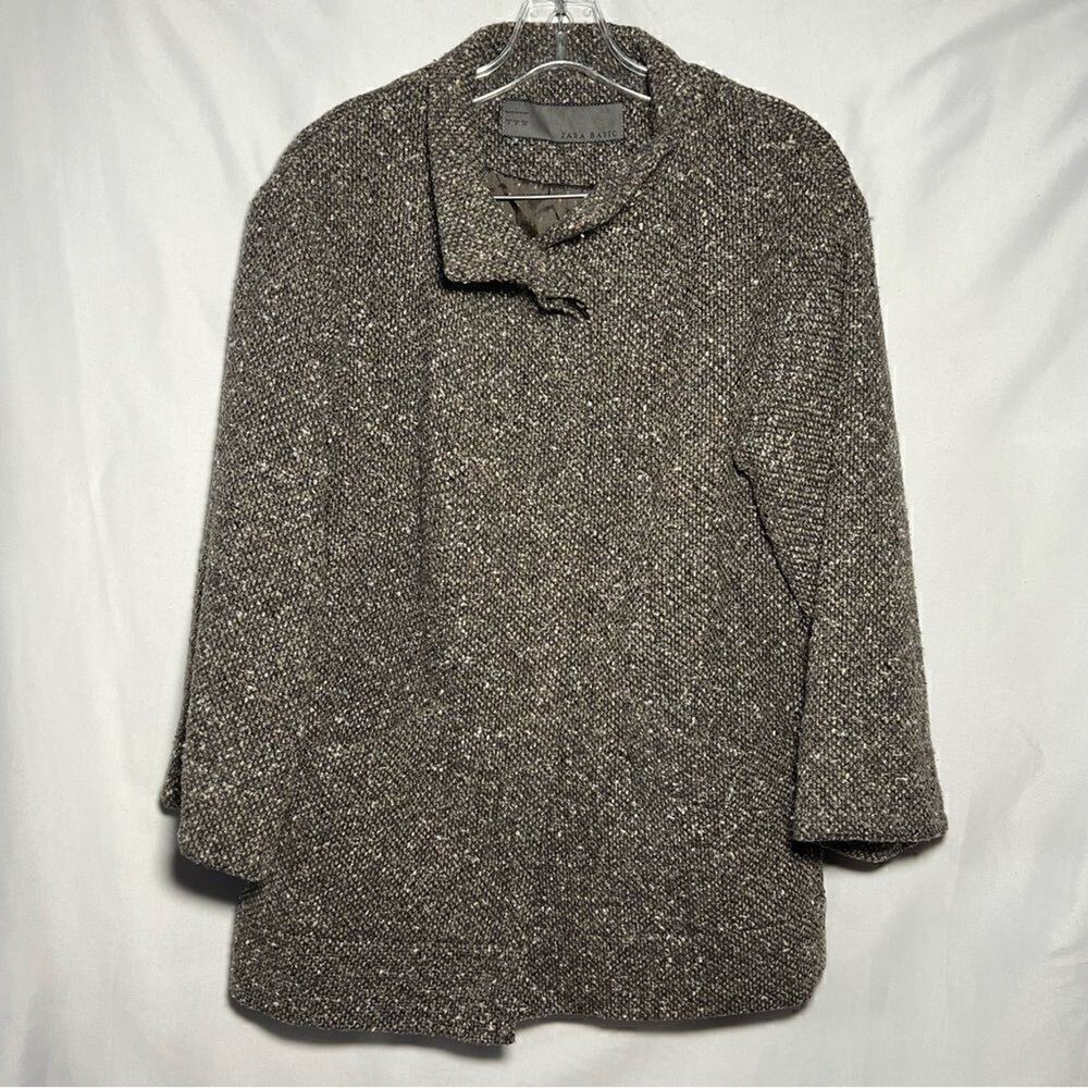 Zara Basic Tweed Peacoat Jacket Brown Single Breasted Preppy Academic Womens S